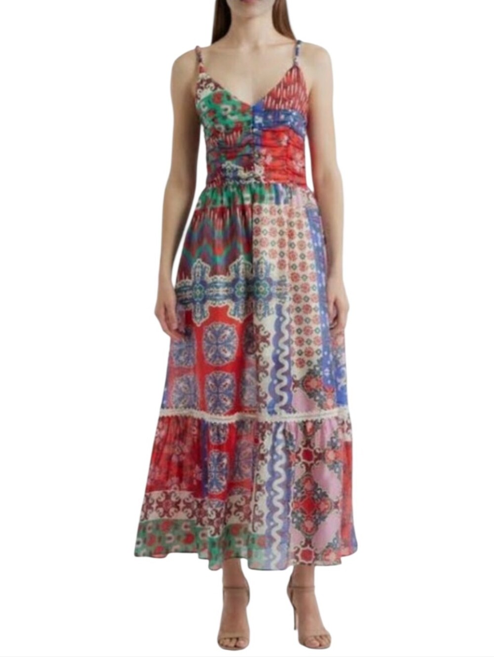CIEBON Patchwork Printed Tiered Cami Maxi Dress – Small